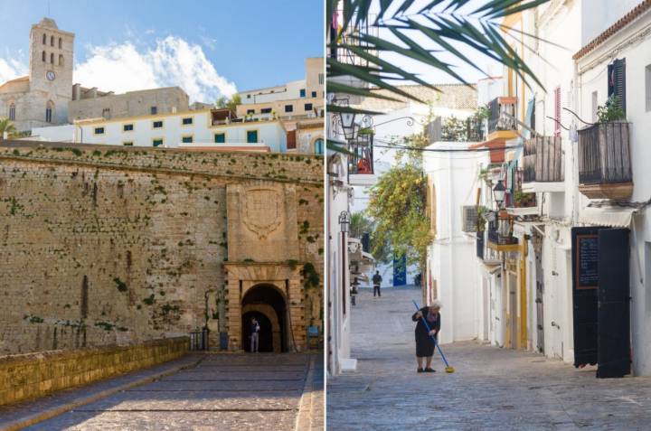 Portal de Ses Taules y una de las callejuelas de Dalt Vila con sus características casas blancas.