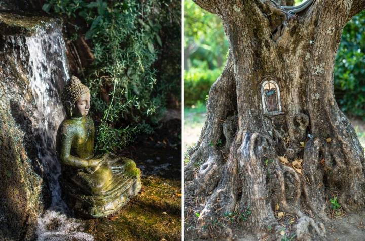 Los budas, las cascadas y las casitas de hadas aparecen en todos los rincones del bosque.