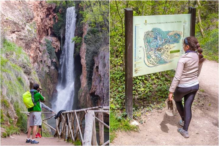 Así se ve la Cascada Cola de Caballo desde abajo. A la derecha, uno de los carteles que muestra el itinerario del parque.