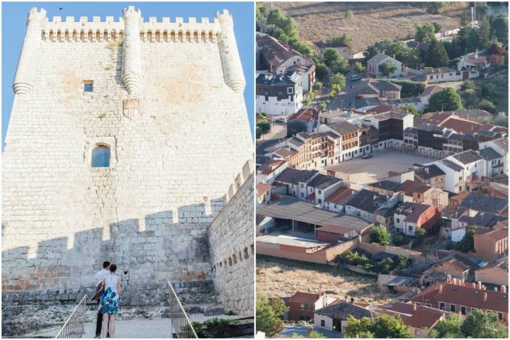 La Torre del Homenaje del castillo y vista de la plaza del Coso desde la fortaleza.