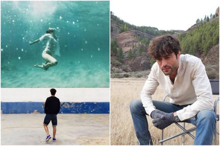 El actor Javier Rey mirando un mural en Cotillo (Fuerteventura) y sentado descansando de un rodaje en La Caldera de los Marteles, Gran Canaria.