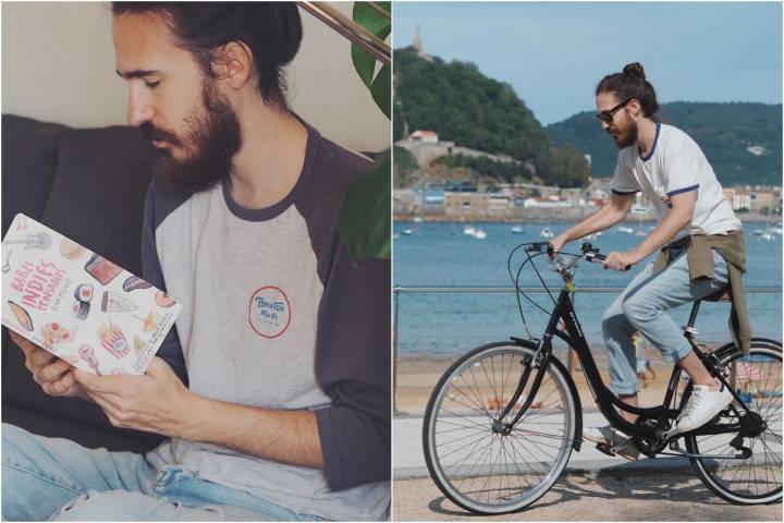 El compositor e ilustrador con el libro 'Bares Indiespensables' entre manos y paseando en bici por Donosti.