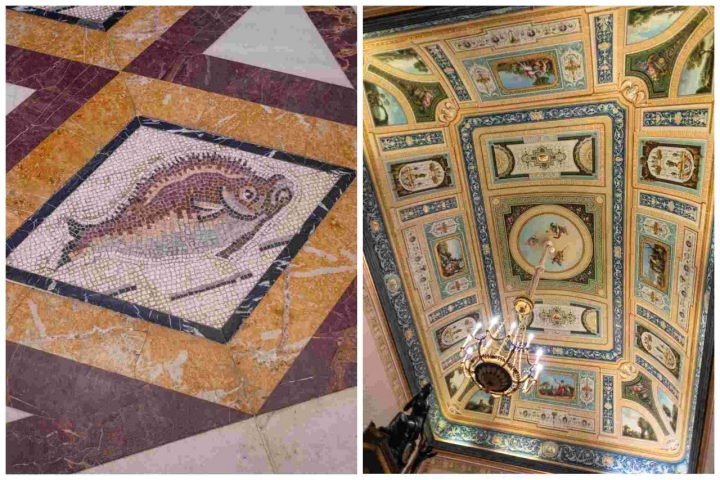 Mosaico romano traído desde el teatro de Mérida y pinturas de las saletas en los tonos que le gustaban a María Luisa: verde-azul agua.