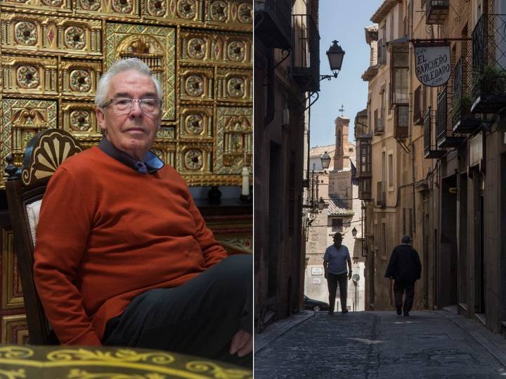 Julio Martín de la Fuente, el último constructor de bargueños y la entrada de su pequeño local.