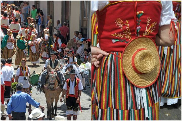 Composición de una vista de la calle con los niños de la romería de La Orotava montados en un burro, y detalle de traje de campesina, en Tenerife.