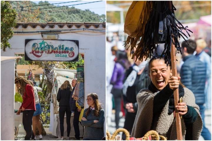 Entrada al mercadillo de Las Dalias y una chica de un puesto sonriendo.