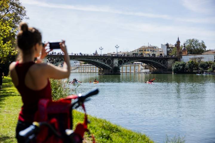 City life in Seville, Andalusia, during a summer day. Seville is the capital city of Andalusia, Spain. A tourist woman enjoy the city riding a bicycle