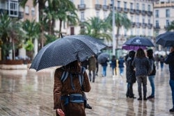 Valencia, Spain. March 9, 2024. Rear view of a woman with baby carrier walking under the rain using umbrella