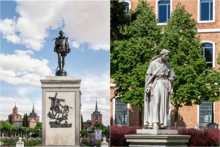 Estatuas de Miguel de Cervantes y el cardenal Cisneros de Alcalá de Henares (Madrid).