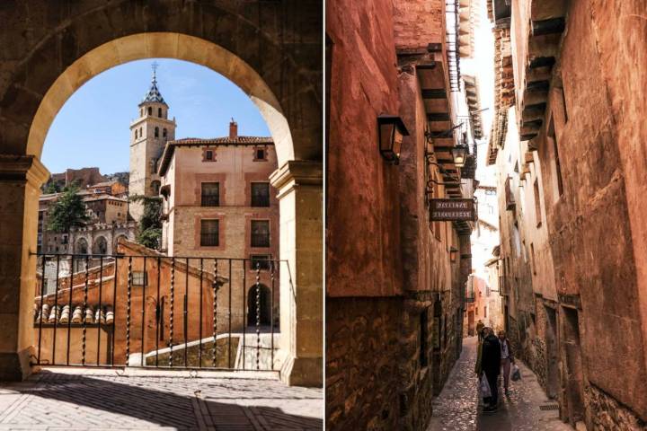 Fotomontaje con uno de los arcos de la plaza y una de las calles estrechas del pueblo.