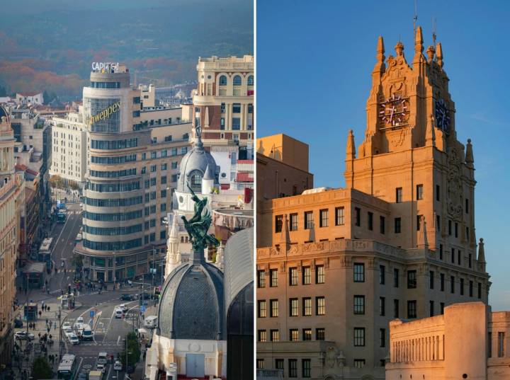 Vista de la Gran Vía desde el rascacielos y otra perspectiva de la torre del Edificio Telefónica