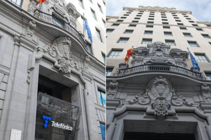 Detalles de la entrada principal del edificio Telefónica en la Gran Vía de Madrid