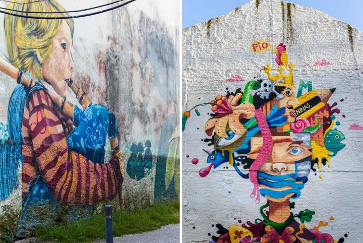 Fotomontaje de dos murales en el barrio de Canido, Ferrol, con una representación pictórica libre del cuadro de Las Meninas de Velázquez