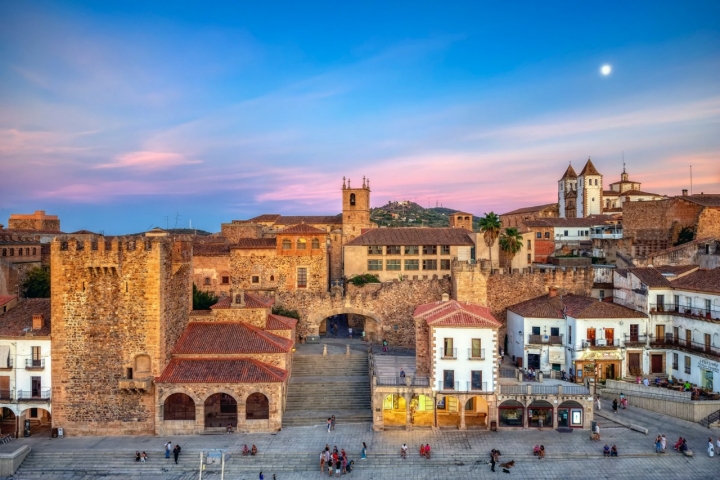 Plaza Mayor of Caceres at sunset, overhead view. Extremadura, Spain.