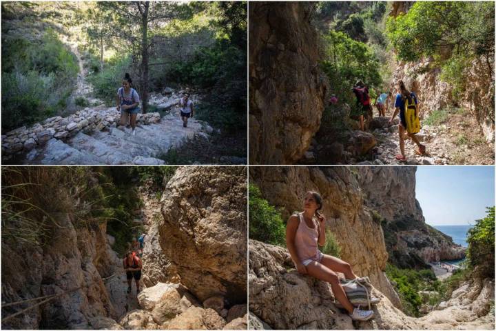 Dos jóvenes subiendo varios escalones de piedra.