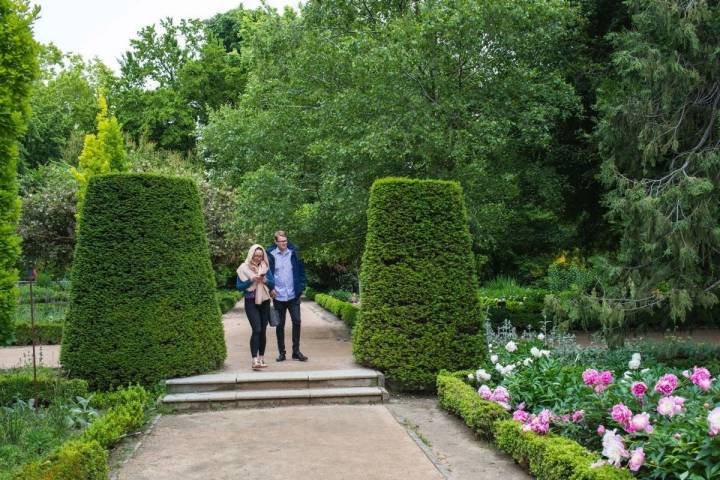 Una pareja pasea por el Real Jardín Botánico de Madrid.